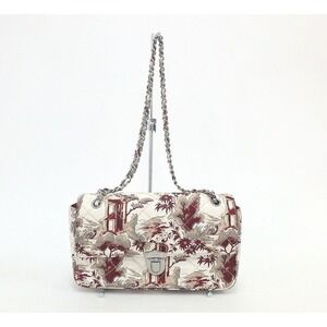 PRADA Logo Chain Shoulder Bag Silk Double Flap Quilted White